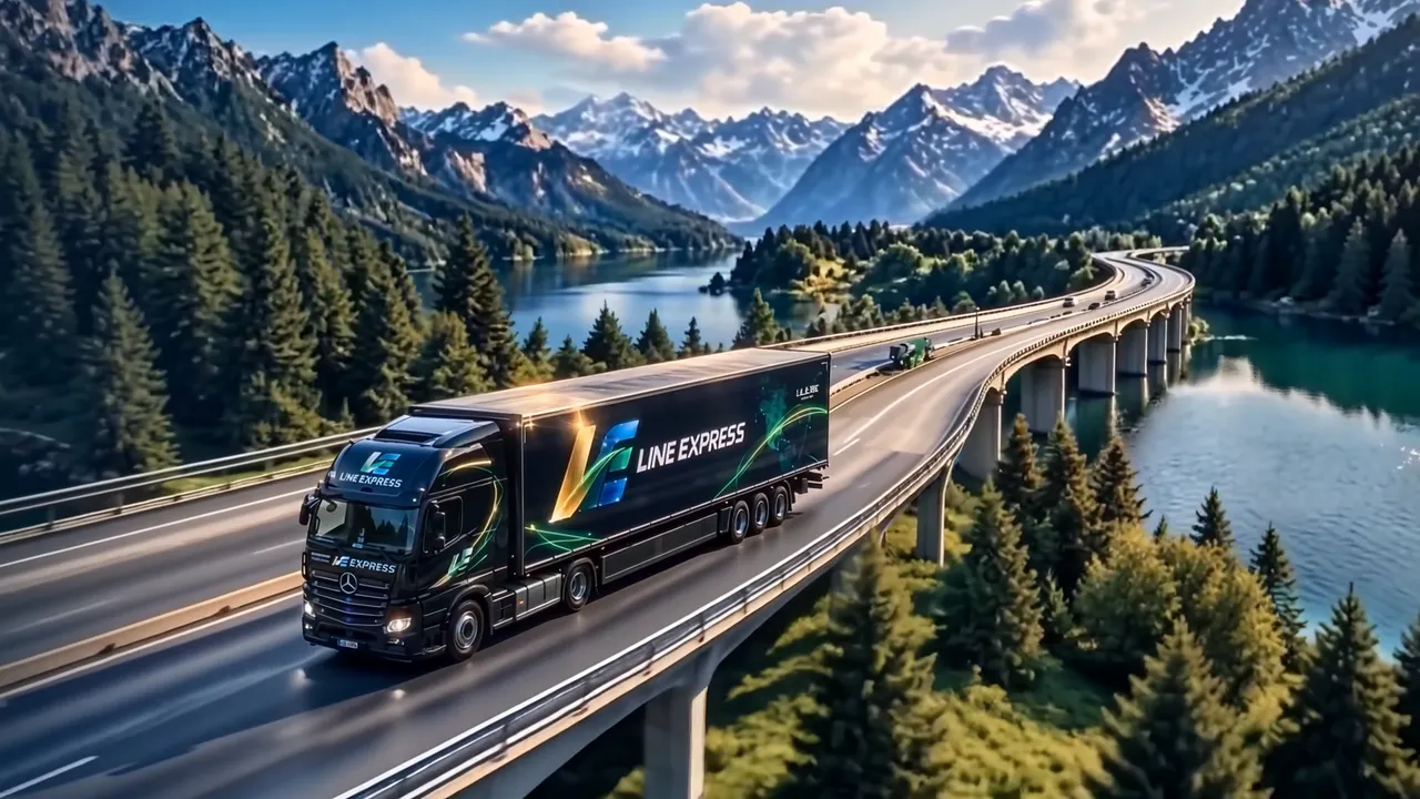 Ein Lkw von Line Express auf einem Viadukt über einem Bergsee