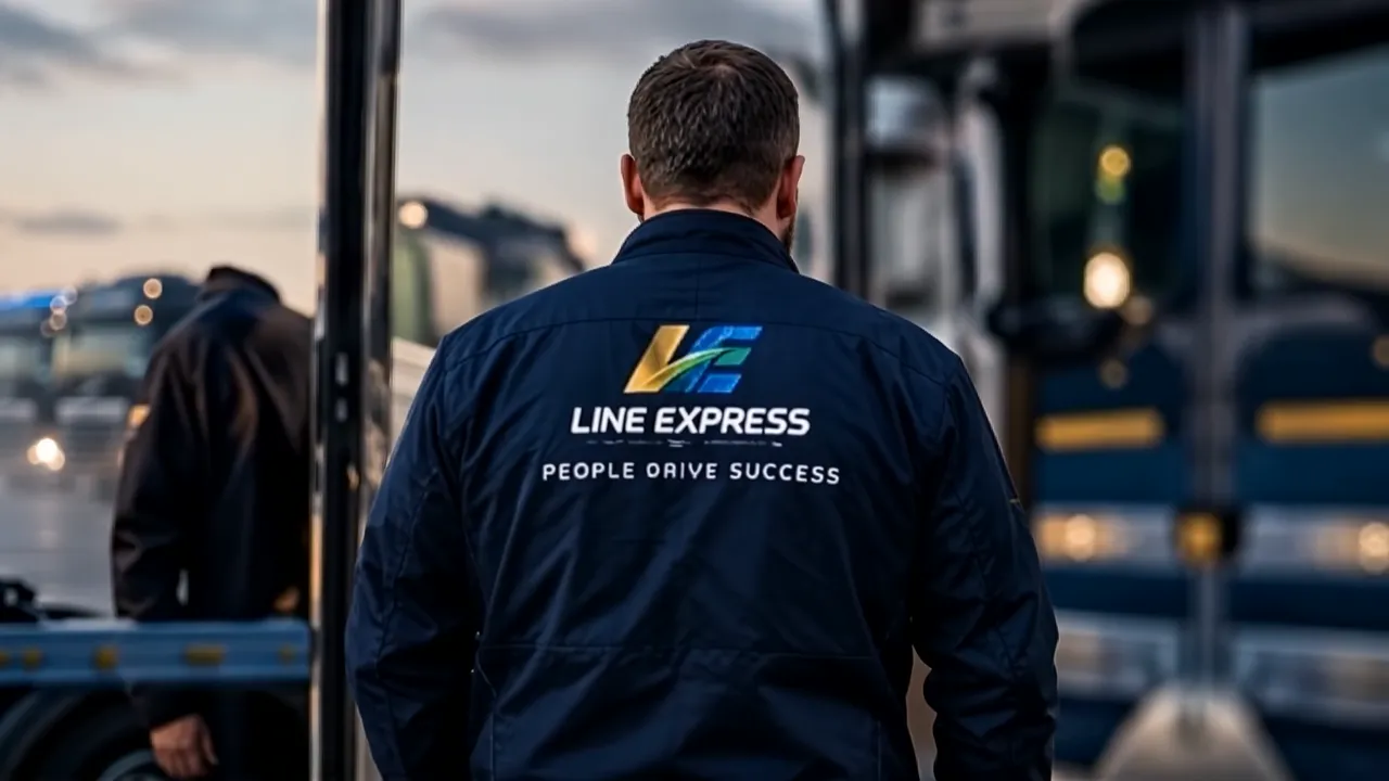 Ein Fahrer von Line Express, von hinten gesehen, auf dem Weg zu den Lkw