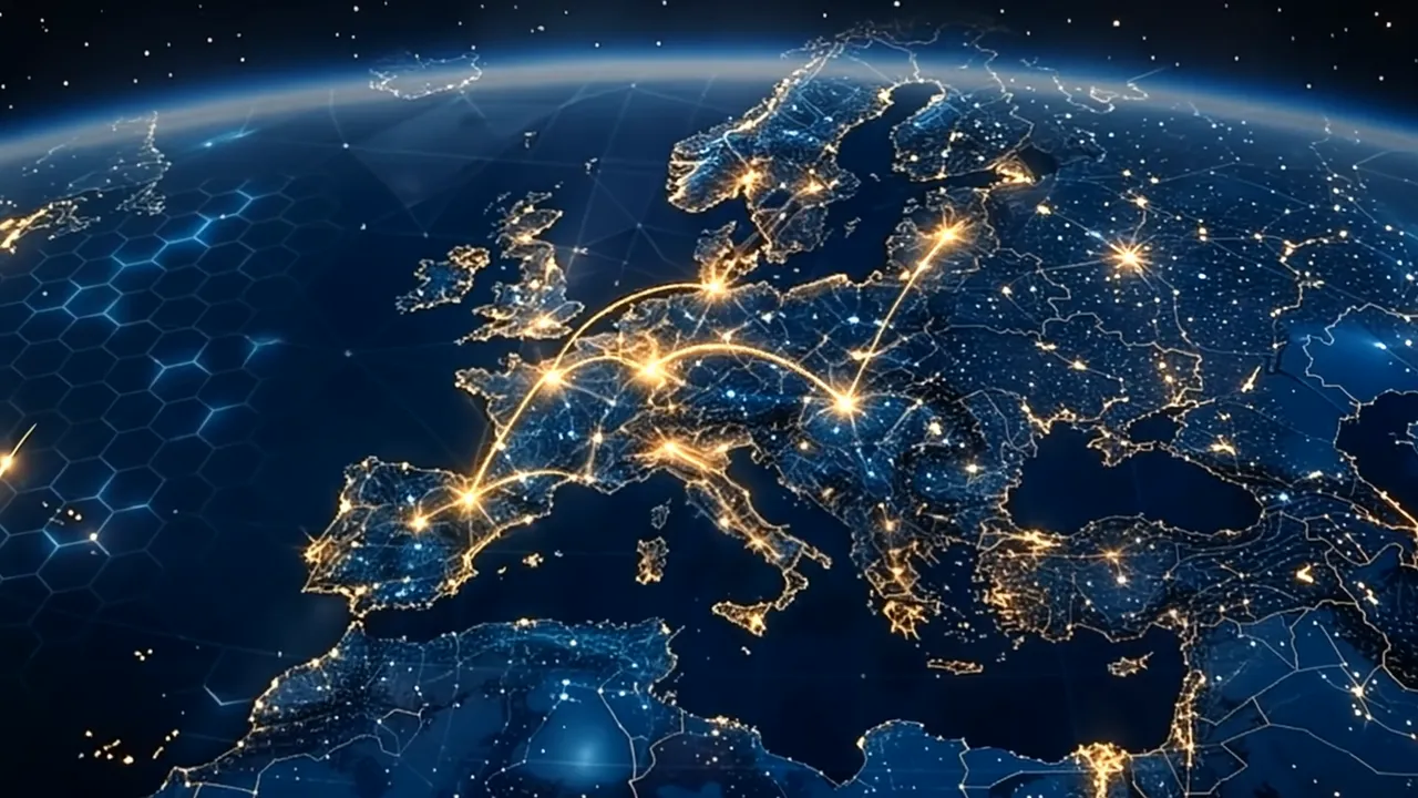 Europa bei Nacht mit in Licht gezeichneten Transportrouten