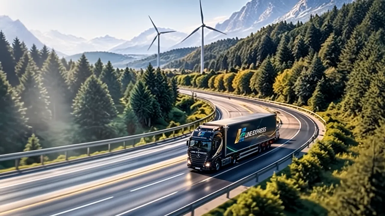 Ein Lkw von Line Express auf einer Waldstraße unter Windrädern